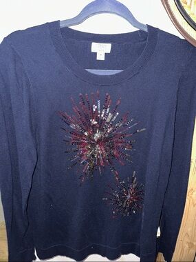 J. Crew Navy Crewneck Sweater with Sequin Firework Motifs